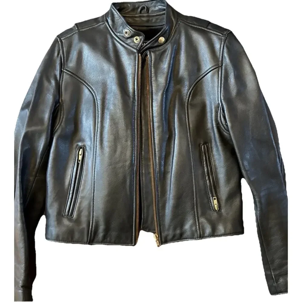 Vintage Womens Black Leather Moto Jacket Fur Lined Biker 12 Vtg Zip Liner - Picture 4 of 16